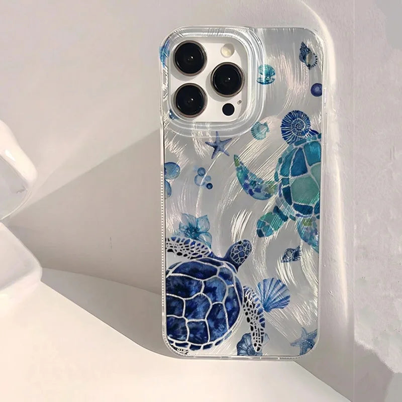 Summer Cool Turtle Pattern Phone Case for iPhone 17 Air 16 16e 15 14 13 12 11 Pro Max  8 7 Plus Chiffon Texture Back Cover