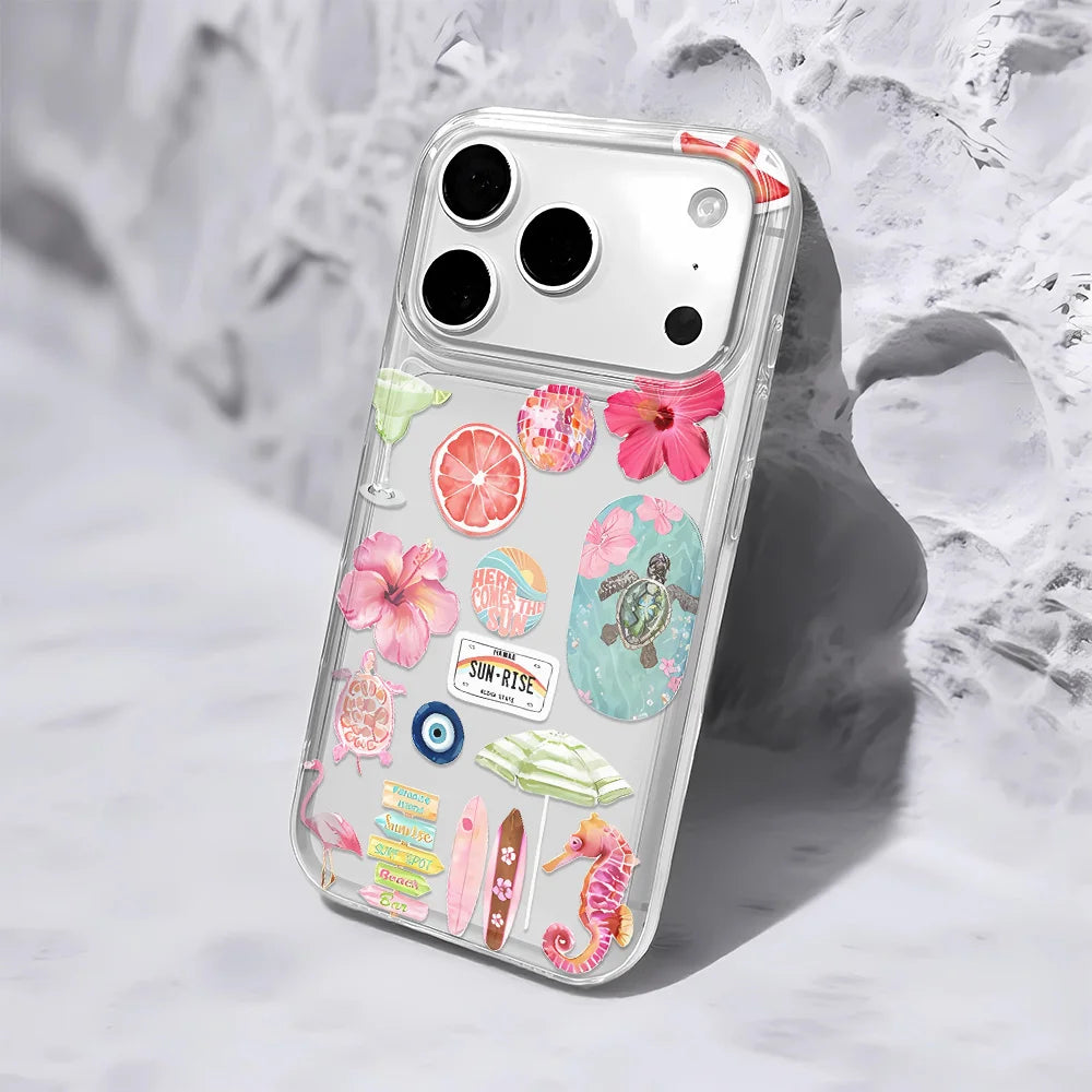 Summer Ocean Flower Soft Phone Case For iPhone 17 16 15 14 13 12 11 Pro Max 15 Plus Folds Texture  Seahorse Turtle Print Cover