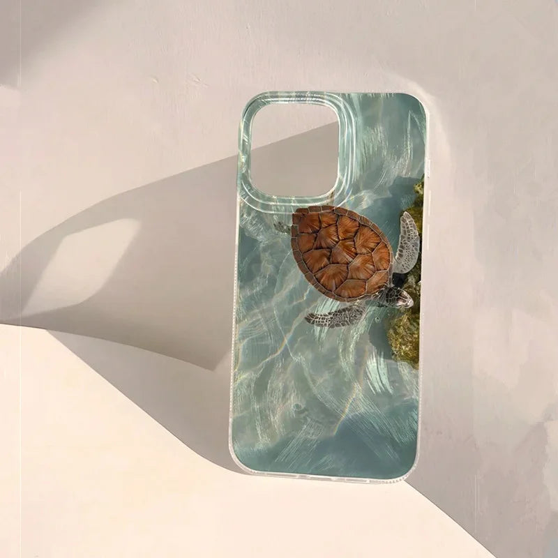 Summer Cool Turtle Pattern Phone Case for iPhone 17 Air 16 16e 15 14 13 12 11 Pro Max  8 7 Plus Chiffon Texture Back Cover