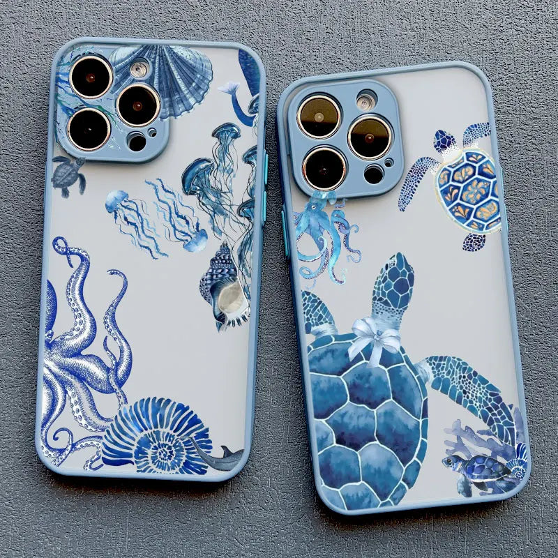 Cool Ocean Turtle Phone Case For iPhone 17 16 11 12 13 Pro Max Mini 15 14 Pro Max 16 15 Plus X XR Sea Blue Turtle Design Covers