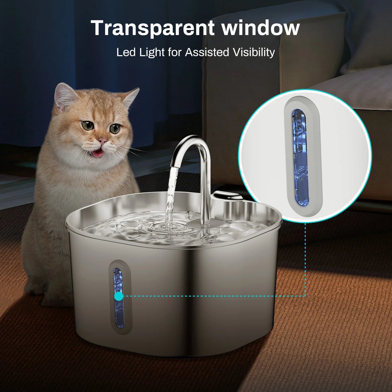 ZYFeeder 2.2L Automatic Cat and Dog Water Fountain Square Stainless Steel Pet Water Feeder Dog Water Fountain with window（No 5V 1A Plug）