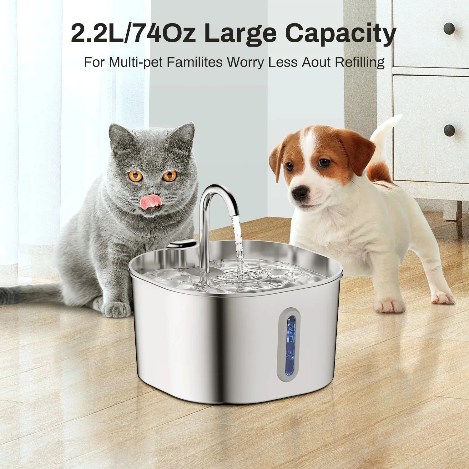 ZYFeeder 2.2L Automatic Cat and Dog Water Fountain Square Stainless Steel Pet Water Feeder Dog Water Fountain with window（No 5V 1A Plug）