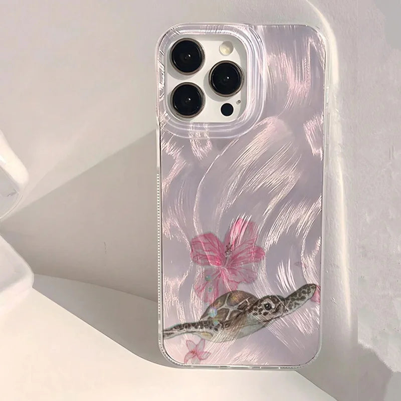 Summer Cool Turtle Pattern Phone Case for iPhone 17 Air 16 16e 15 14 13 12 11 Pro Max  8 7 Plus Chiffon Texture Back Cover