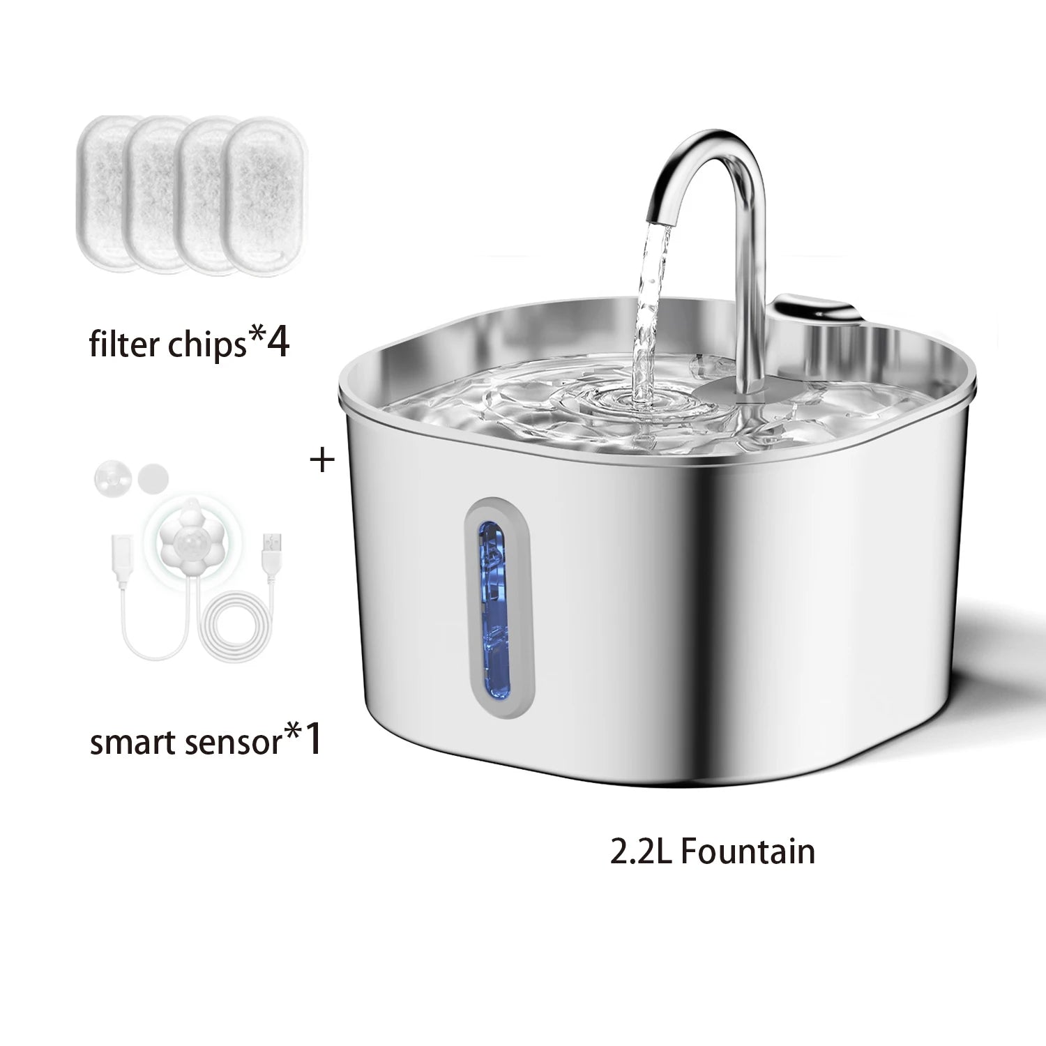 ZYFeeder 2.2L Automatic Cat and Dog Water Fountain Square Stainless Steel Pet Water Feeder Dog Water Fountain with window（No 5V 1A Plug）