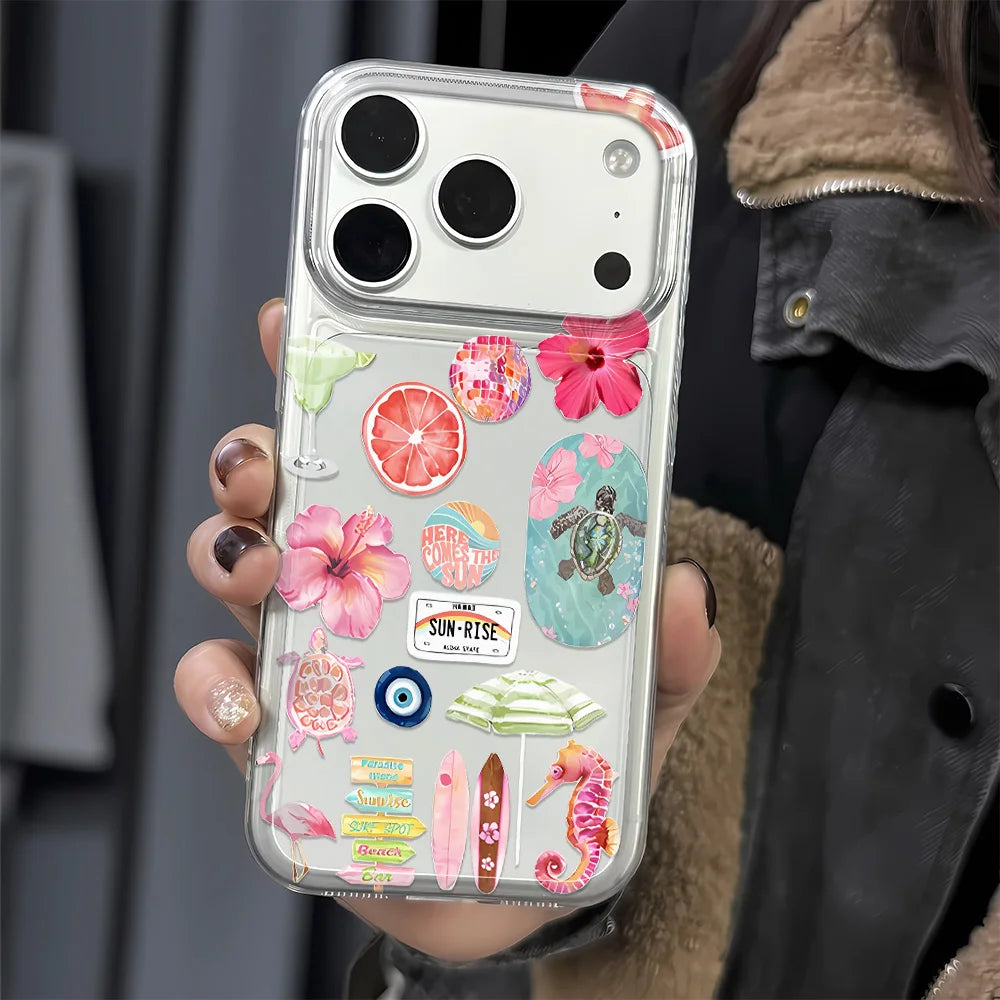Summer Ocean Flower Soft Phone Case For iPhone 17 16 15 14 13 12 11 Pro Max 15 Plus Folds Texture  Seahorse Turtle Print Cover