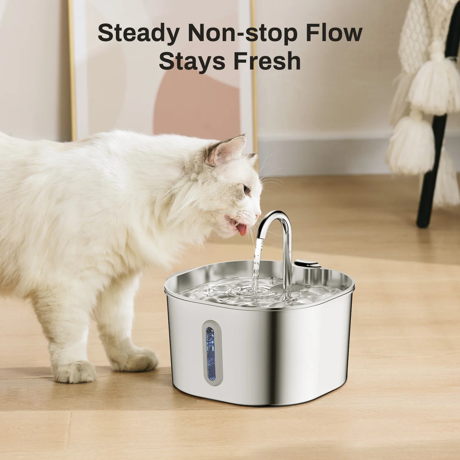 ZYFeeder 2.2L Automatic Cat and Dog Water Fountain Square Stainless Steel Pet Water Feeder Dog Water Fountain with window（No 5V 1A Plug）