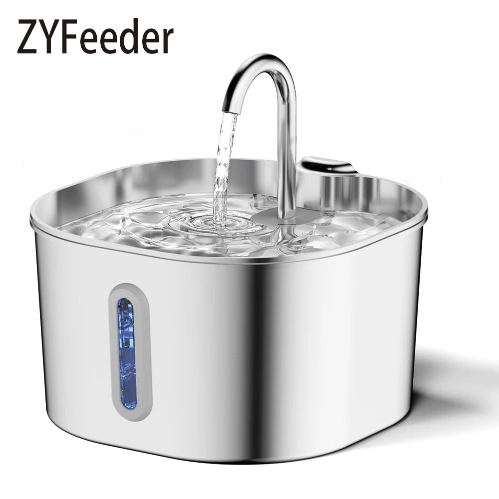 ZYFeeder 2.2L Automatic Cat and Dog Water Fountain Square Stainless Steel Pet Water Feeder Dog Water Fountain with window（No 5V 1A Plug）