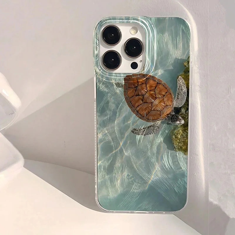 Summer Cool Turtle Pattern Phone Case for iPhone 17 Air 16 16e 15 14 13 12 11 Pro Max  8 7 Plus Chiffon Texture Back Cover