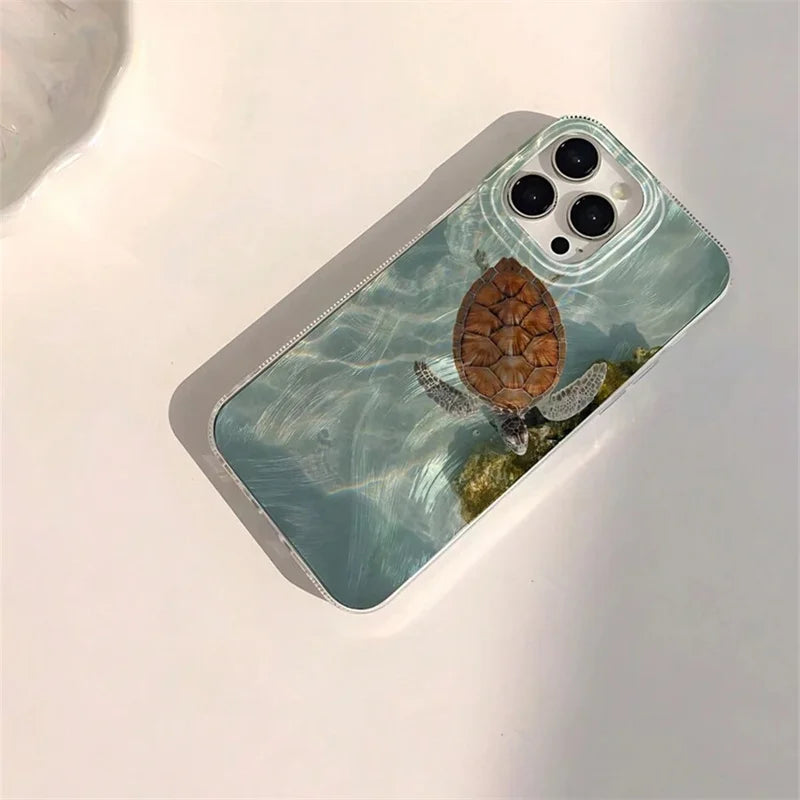 Summer Cool Turtle Pattern Phone Case for iPhone 17 Air 16 16e 15 14 13 12 11 Pro Max  8 7 Plus Chiffon Texture Back Cover